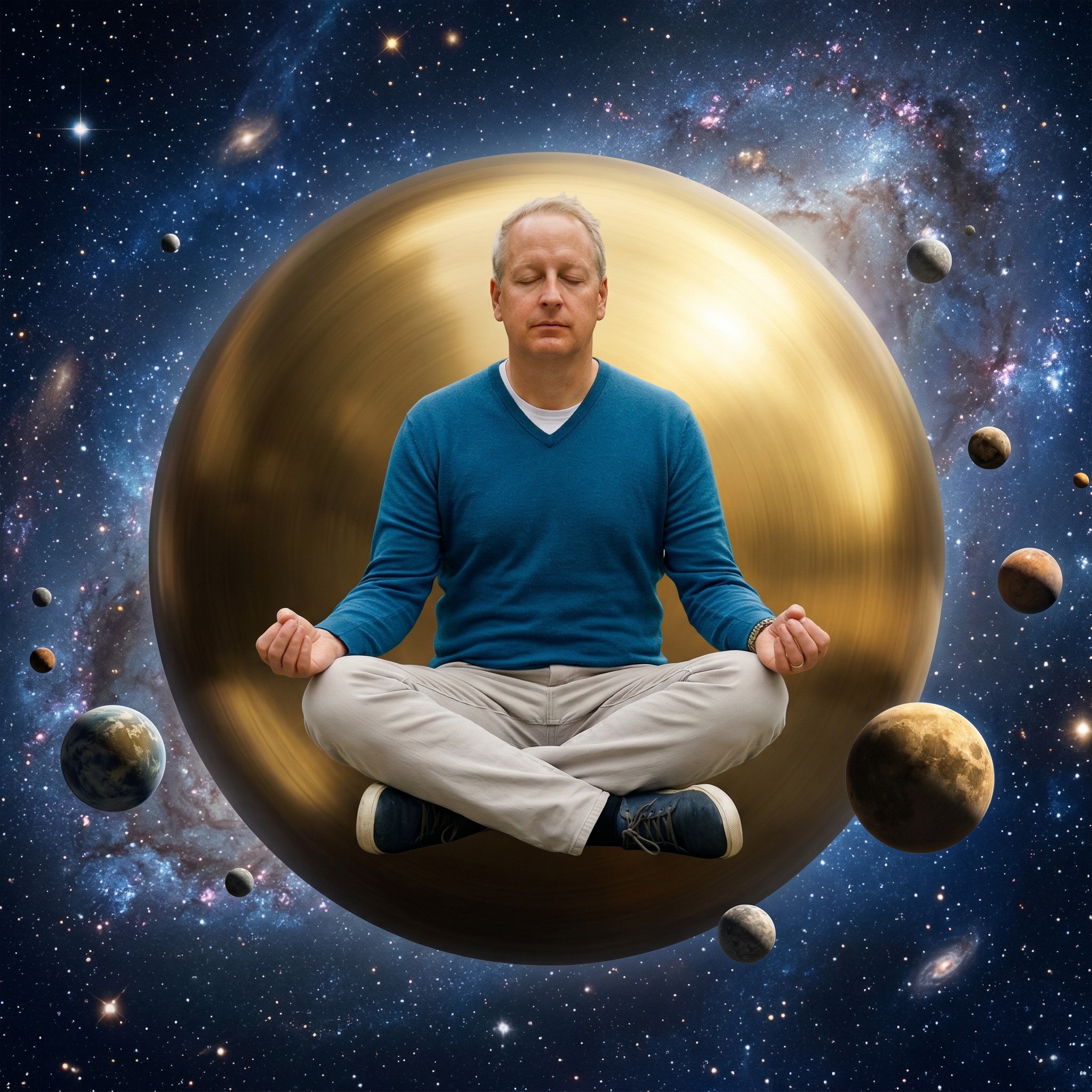 Mark Dempster, Chief Sphere Officer, meditating on a golden sphere in space